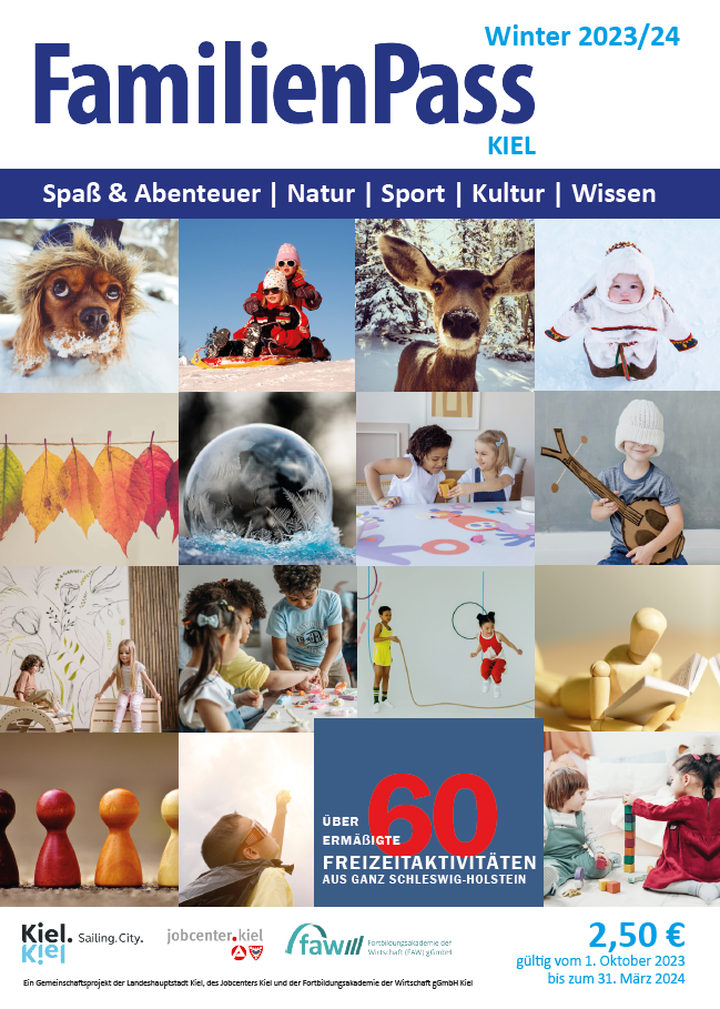 Deckblatt des neusten FamilienPasses für den Winter 2023 2024. Auf dem Bild sind Abbildungen von winterlich gekleideten Kindern zu sehen. Der Preis des FamilienPasses ist mit 2,50 Euro angegeben. Es wird mit mehr als 60 Freizeitakitivitäten geworben.